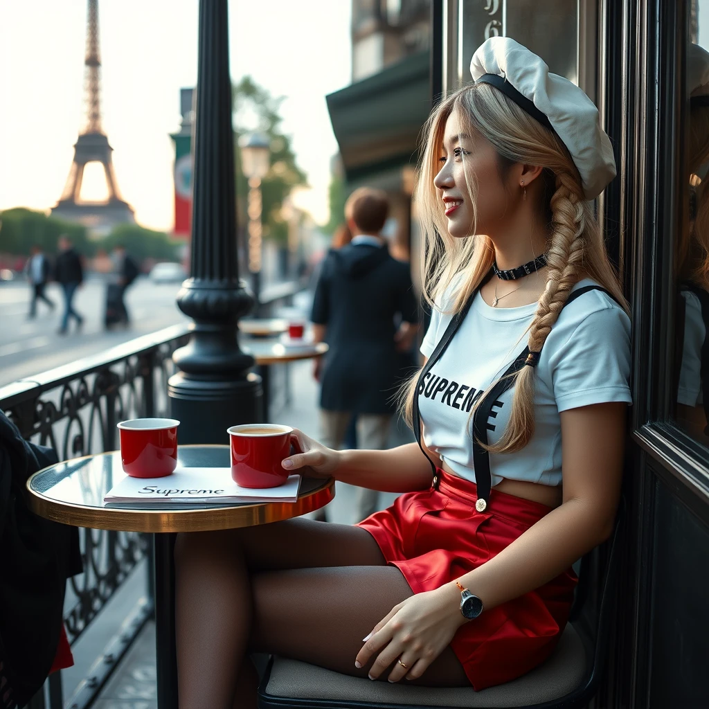 movie still, 8K, 2020s, profile shot, a cute Taiwan girl sitting in the corner of an outdoor café on the Champs-Boulevard, cropped white "SUPREME" t-shirt, black suspenders, black choker, red satin shorts, black floral ornate tights, crossing her legs, red heels, a red mug of coffee on the table, notebook, crayons, elegant long light blonde hair tied in a detailed neat braid, white beret, blue eyes, clean natural makeup, happy, people, Eiffel Tower, early morning light. - Image