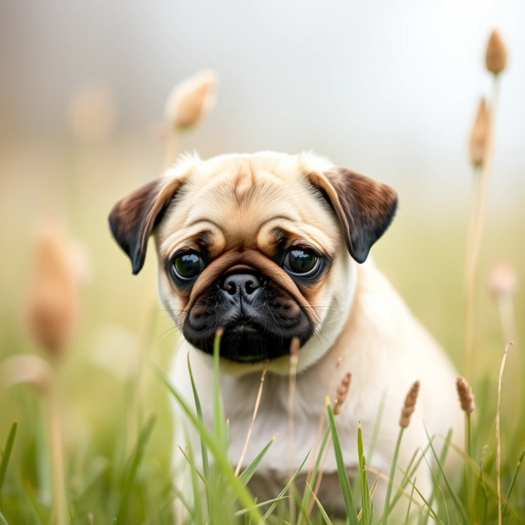 portrait of a Pug puppy in a field - Image