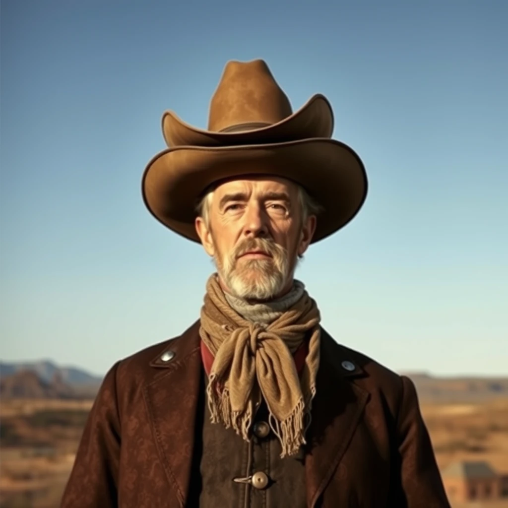 A photo realistic picture of an old west cowboy, but with a giant cowboy hat and oversized boots. - Image