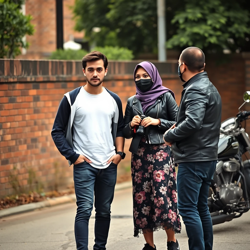 Jamie Dornan and Freddie Prinze, head and body shot, handsome, young, serious face, dark brown hair, white T-shirt, college jacket, skinny jeans, sneakers, standing, discussing with two guys with a short purple hijab Muslim girl, beautiful eyes, face mask black, black leather jacket, biggest floral skirt, holding a DSLR Canon camera, near town road, superbike, hyper realistic, street photography, brick wall, full body photo.