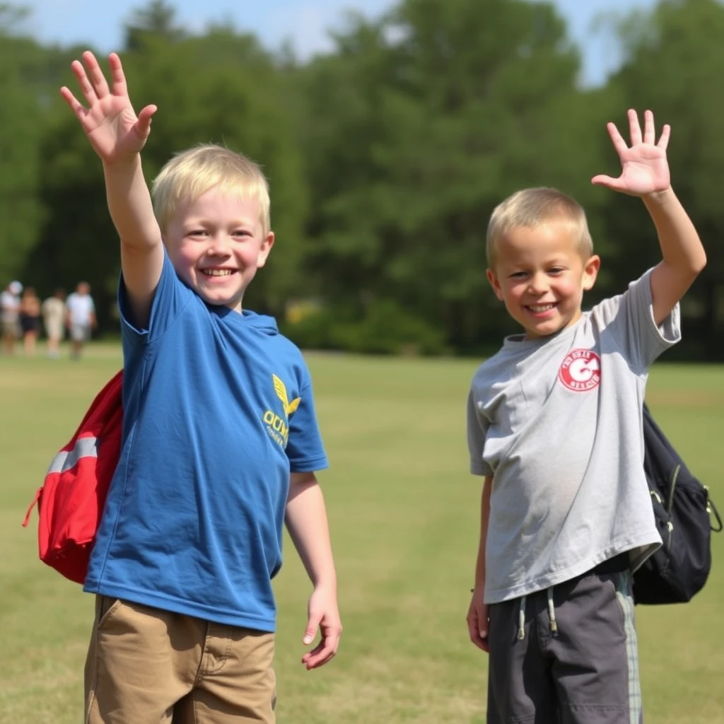 2 boys,hand up