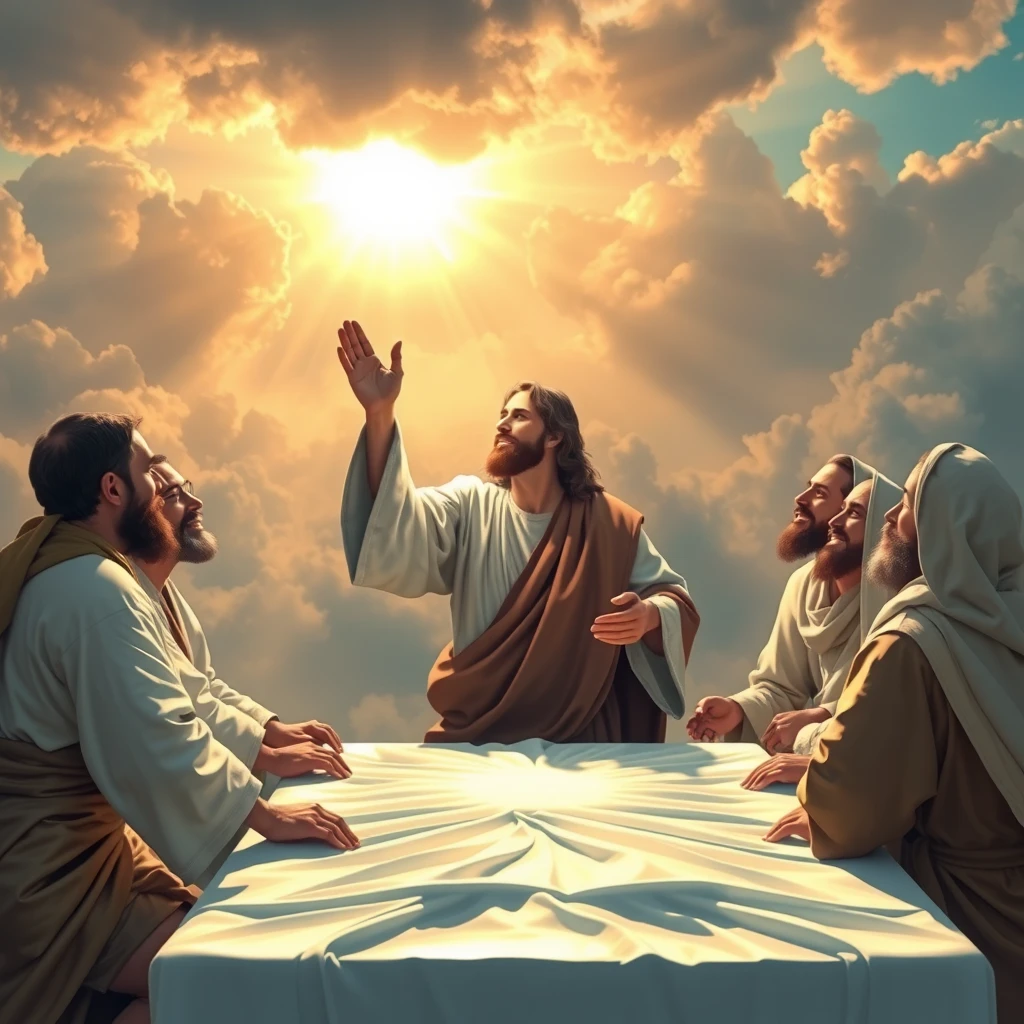 Prophet Jesus the Messiah praying to Allah, bringing down the Table Spread from the sky, along with twelve of the Disciples.