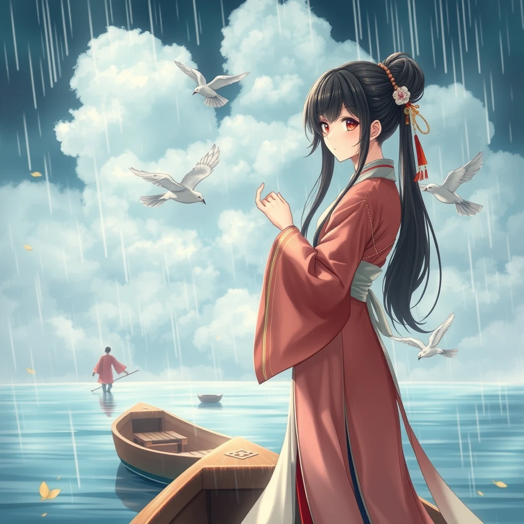 ((masterpiece))), (((best quality))), ((super detailed)), (highly detailed computer illustration), ((extremely delicate and beautiful)), 1girl, bird, solo, cloud, chinese clothes, rain, holding, watercraft, cloudy sky, sky, black hair, outdoors, hanfu, water, branch, hair bun, flower, standing, long sleeves, wide sleeves, hair ornament, sash, boat, from, - Image