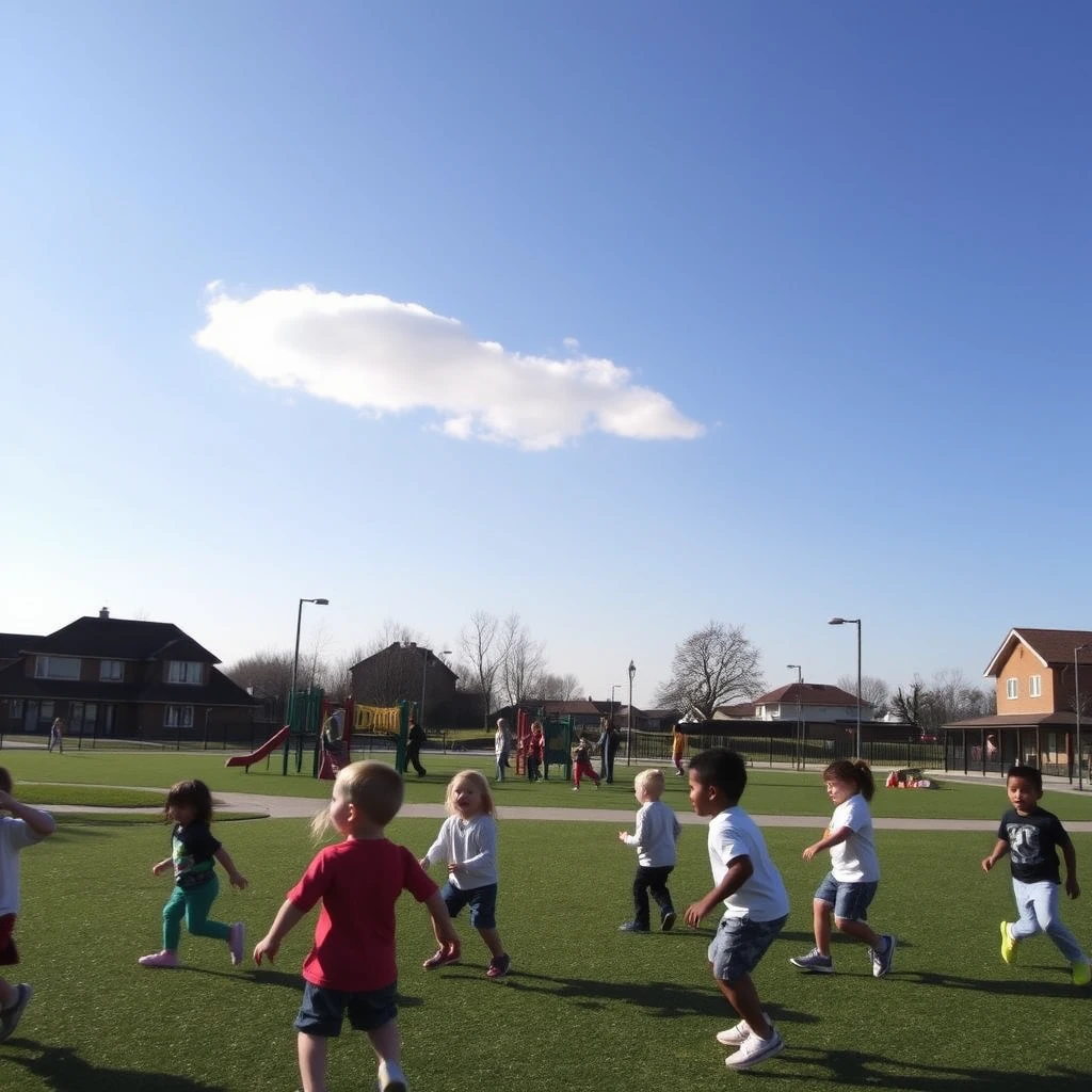 Children playing in a playground, clear sky with only a single cloud in the shape of a dragon.