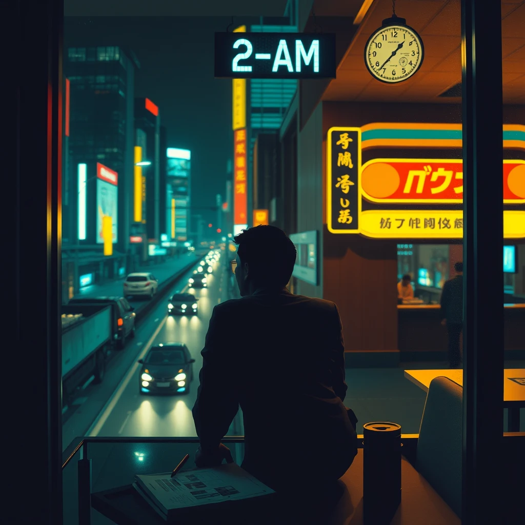 "At 2 AM, a office worker is in a restaurant by the window, with the city night view and traffic outside, in a cyberpunk style."