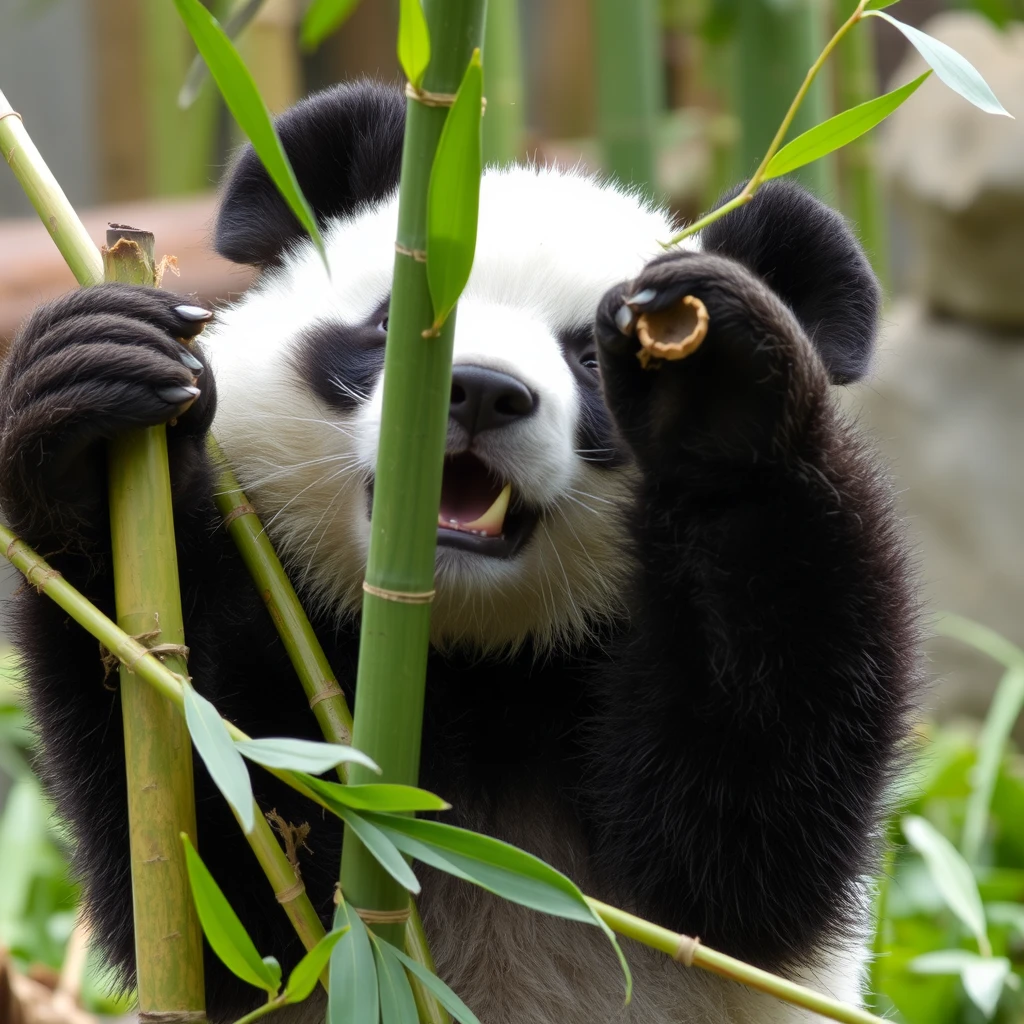 A cute giant panda is breaking bamboo, and the panda's ears are round and real. - Image