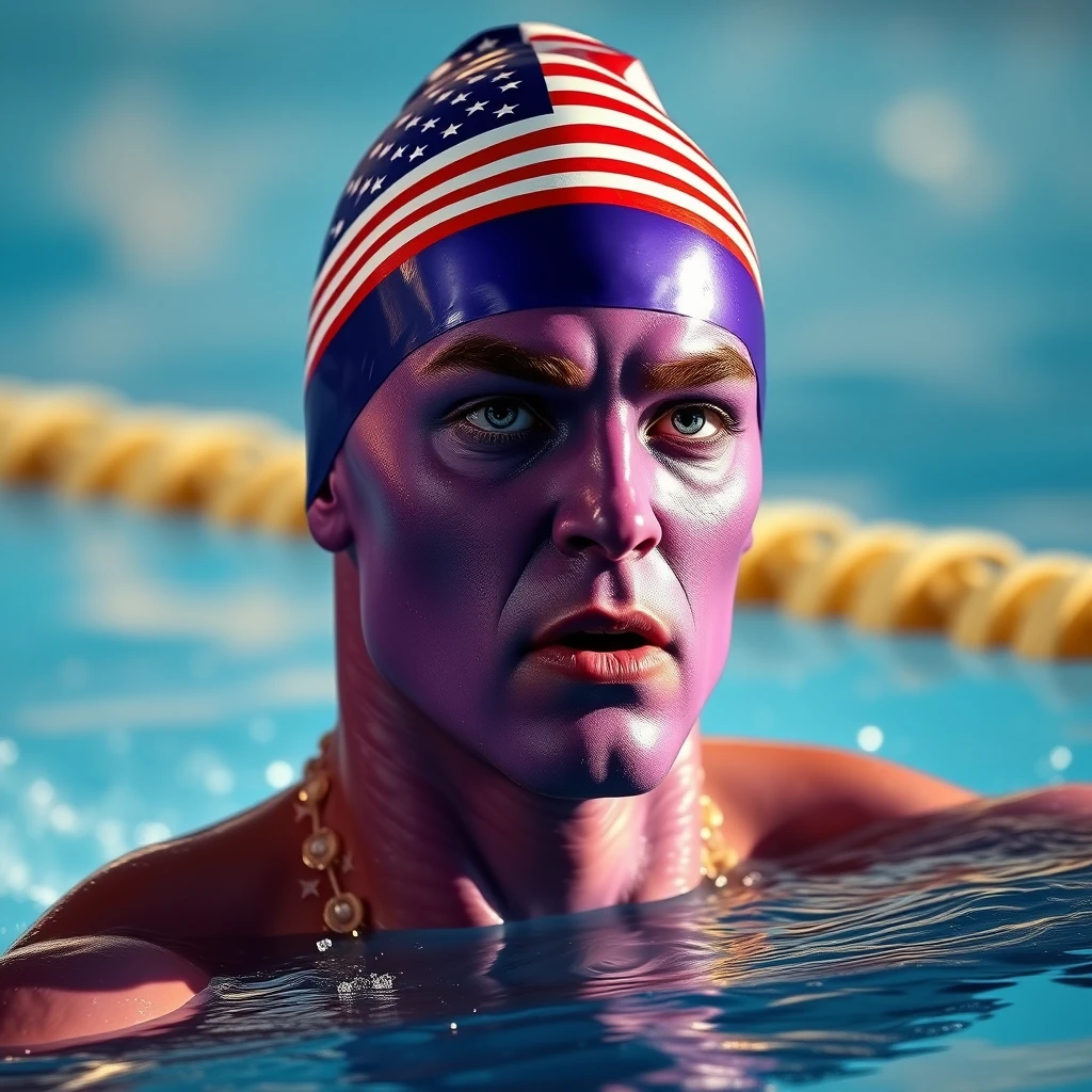 "Thanos with a purple face participates in the Olympic swimming, wearing a swimming cap with the American flag."