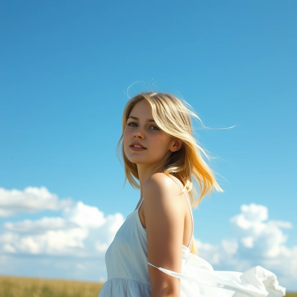 A serene, blissful scene of a young woman in a white dress. The scene feels real and unpolished, informal. The subject has natural beauty, authentic imperfections; counter to the plastic surgery so often seen. A few strands of light blonde frame the sides of her eyes. The fluffy clouds decorate the clear blue sky. The breeze teases the hem of her skirt.