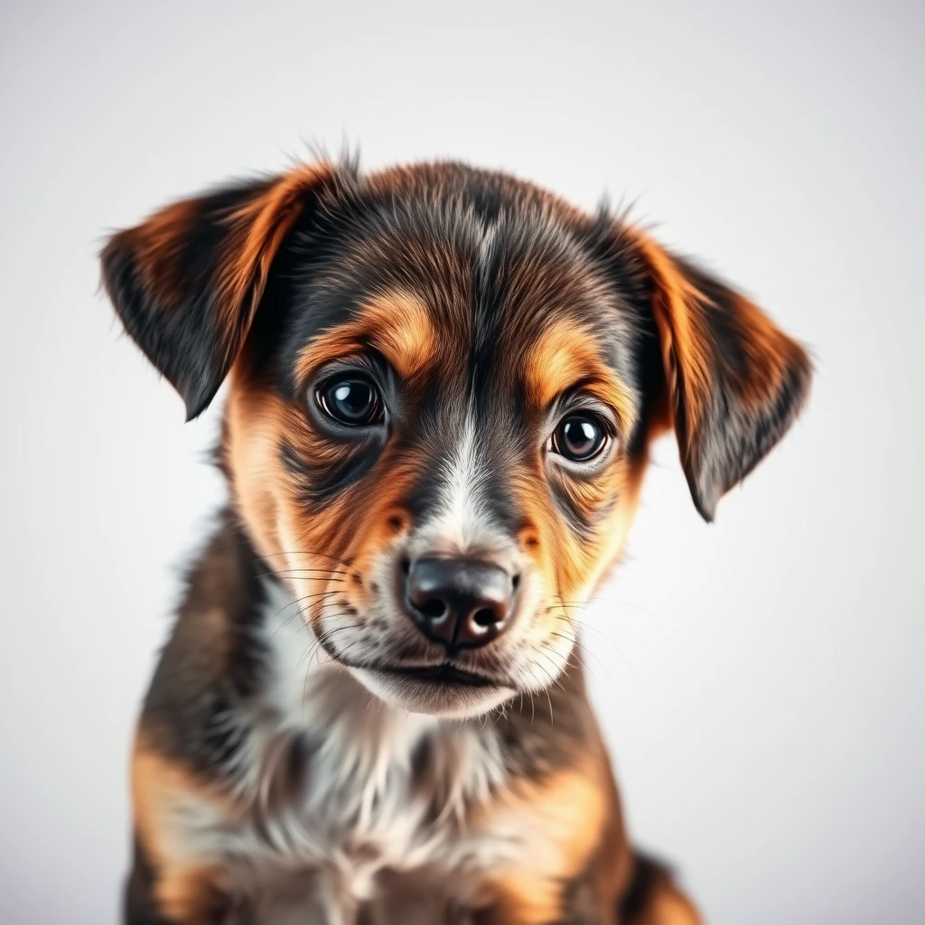 Dog puppy Dramatic lighting against white background. Hyper-realistic, high-resolution image, expressive features and coloration.