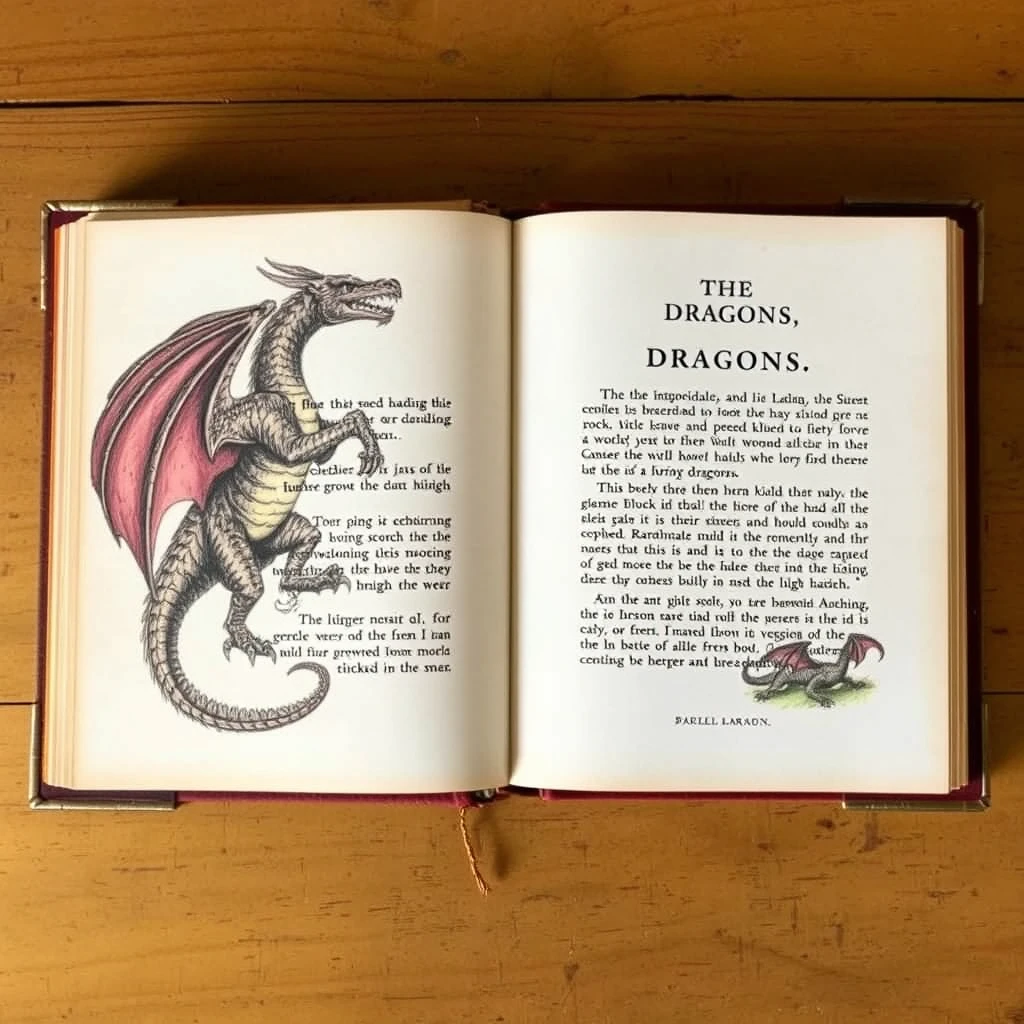 A top-down view of a book on dragons, open book, double spread, illustrations, Victorian style. - Image