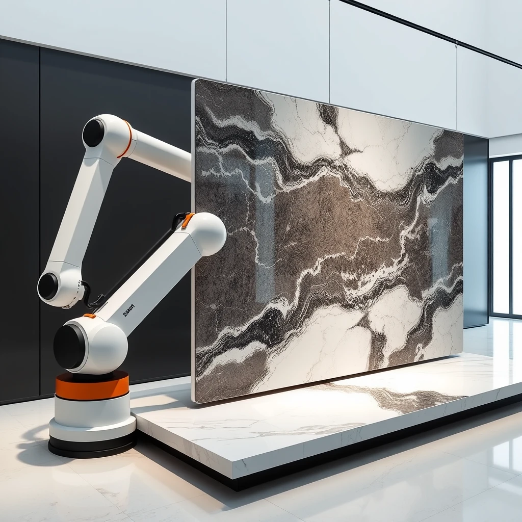 Smart, stylish robotic display system that can hold large 4 meter sized, polished marble panels such that the marble can be oriented vertically or horizontally, in book match format, for best viewing experience.