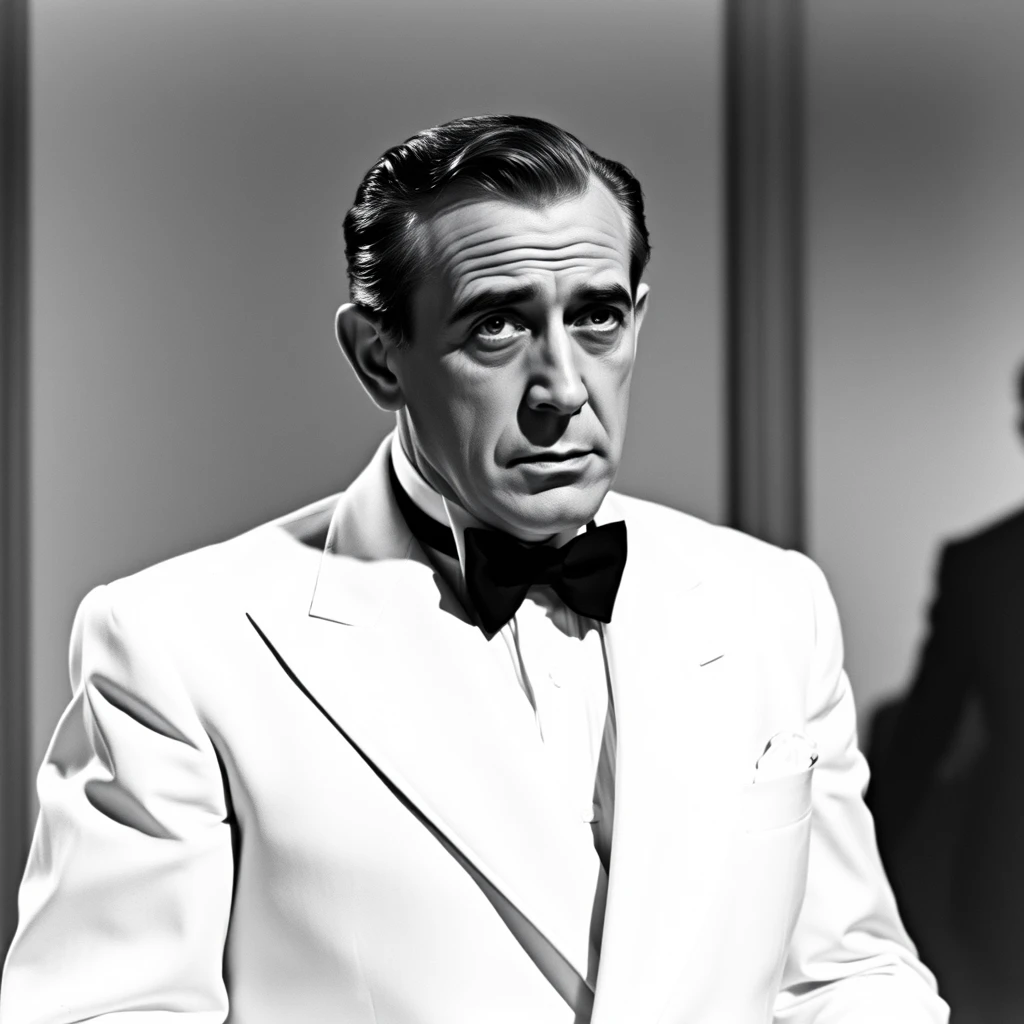 A publicity still of Humphrey Bogart in black and white, wearing a white tuxedo. - Image