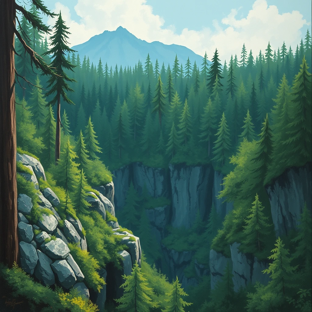 Fast painting studio Ghibli background painting black forest in Germany, deep in the forest, rocky ravine with cliffs, trollish overgrowth.