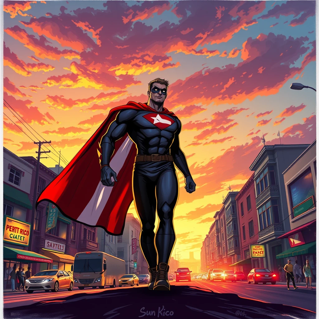 As the sun sets over the vibrant streets of Puerto Rico, your superhero strides confidently through the bustling city, the flag of Puerto Rico billowing behind them like a majestic cape. With their emblematic machete logo gleaming proudly on their chest, they pause, sensing trouble stirring in the heart of San Juan. Ready to defend their homeland, they embark on their next mission to protect the island and its people from any threat that dares to challenge its beauty and resilience, vibrant, art by Todd Mcfarlane. - Image