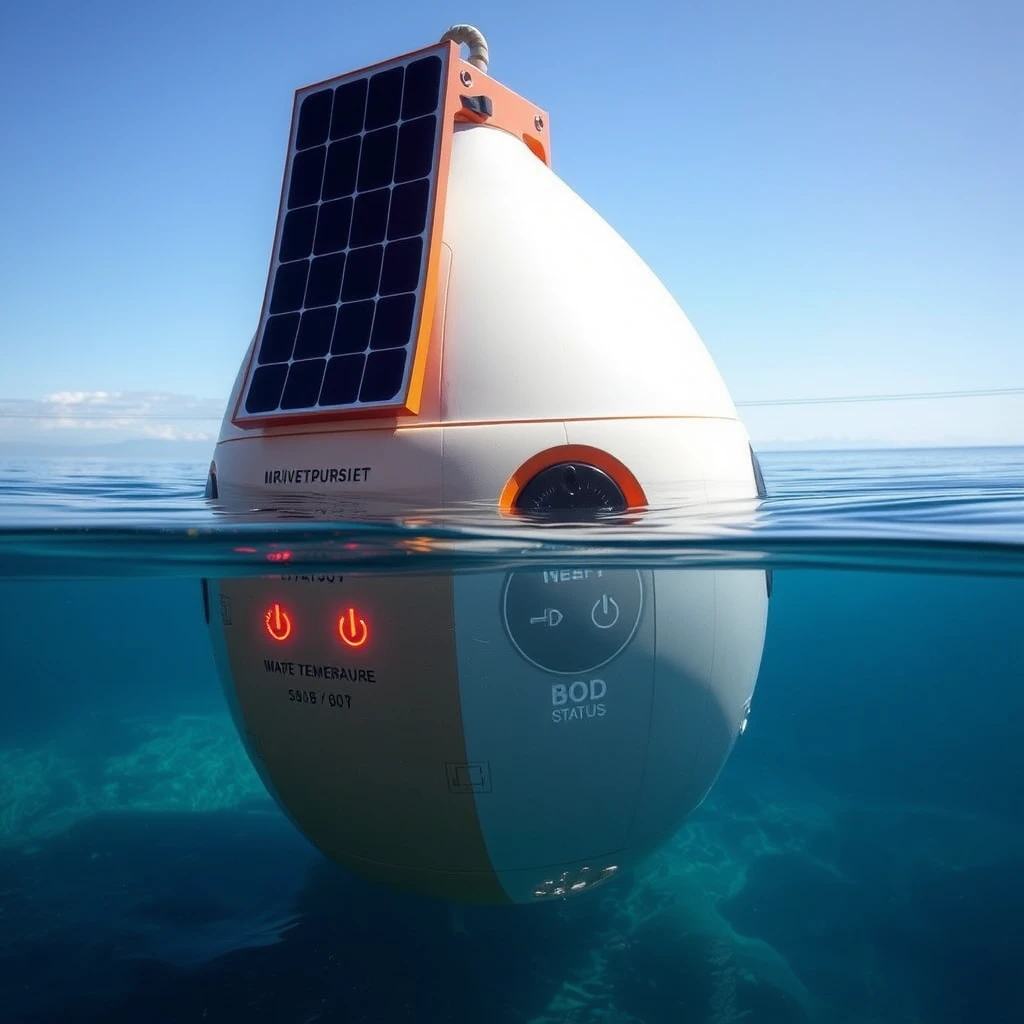 Stunningly beautiful marine buoy, powered by solar panels, with technology that smartly measures physical parameters of wave heave, underwater temperature, BOD status.