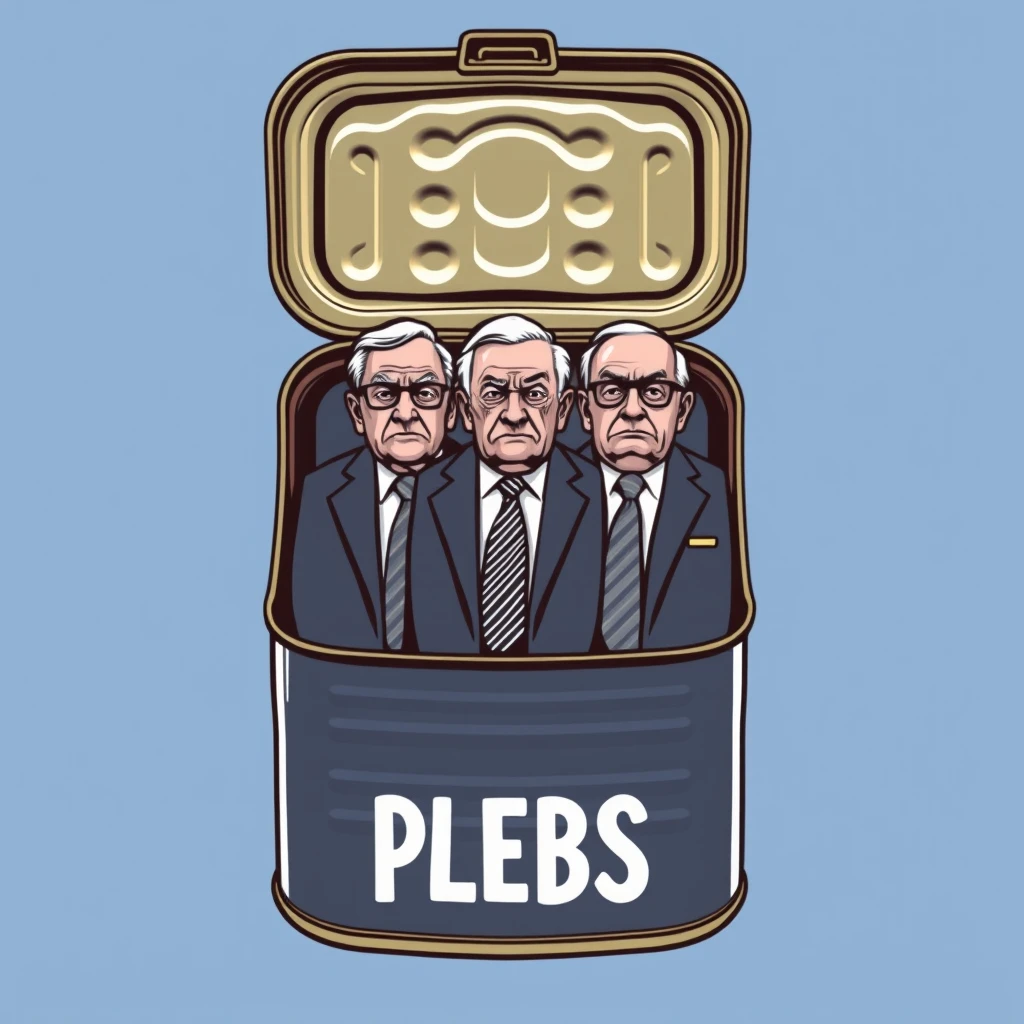 A playful t-shirt design featuring an open sardine can with a twist-off top, containing five wealthy elderly men standing upright and packed shoulder to shoulder in business suits, scowling, with the text "PLEBS" underneath, viewed from the front.