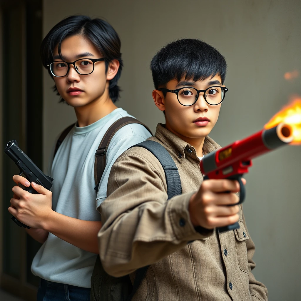 (white Chinese man, 21 years old, with square glasses and medium-to-long length hair, holding a pistol); (20-year-old young white Italian man with round prescription glasses and short hair, holding a red antique flamethrower) - Image