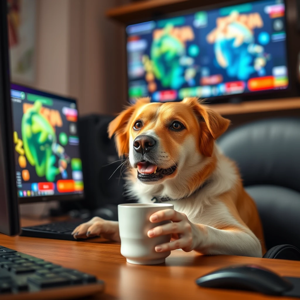 A dog is playing PC games while drinking coffee.