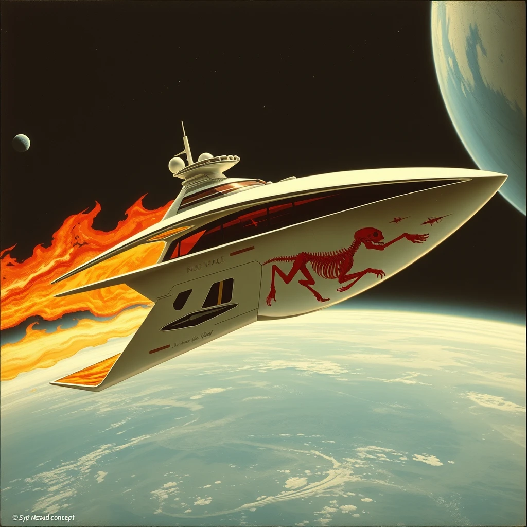 A space-yacht concept, in low earth orbit, a painting by Syd Mead, sleek, futuristic, a full-length mural depicting a flaming skeleton decorates the side. - Image