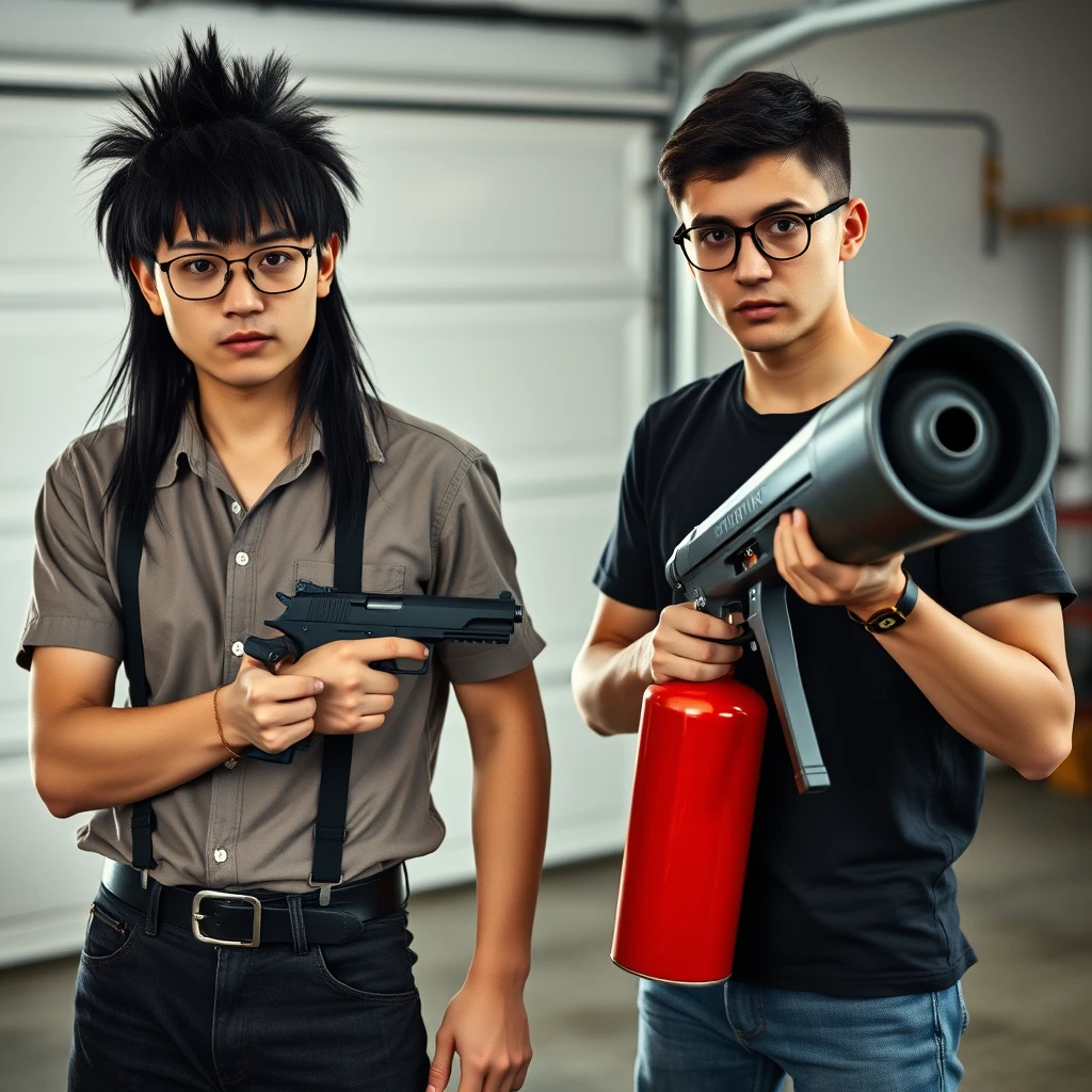 21-year-old white Chinese man wearing square glasses, long black fringe mullet, holding a pistol; 21-year-old white Italian man wearing round glasses and short hair holding a very large fire extinguisher flamethrower, garage setting.