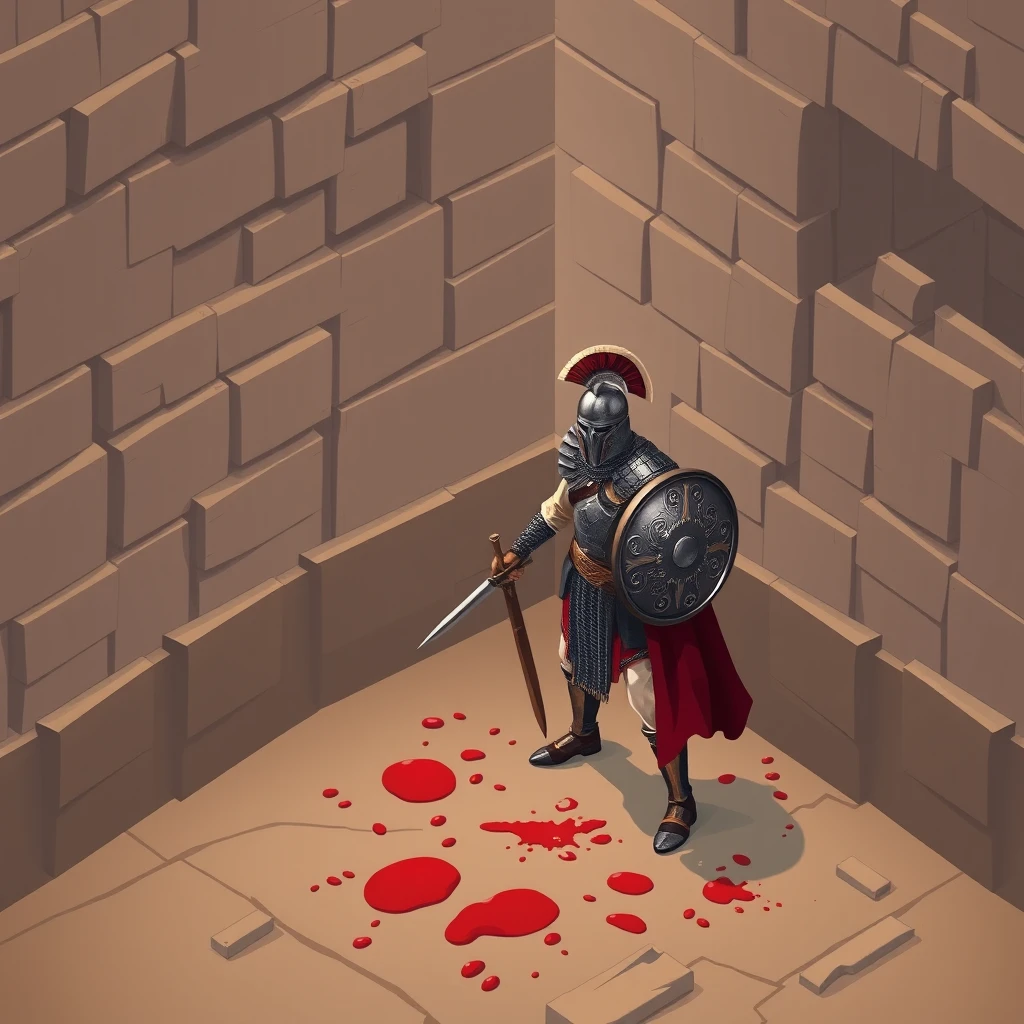 Modern wall art style isometric of a bloodied warrior standing in an arena.