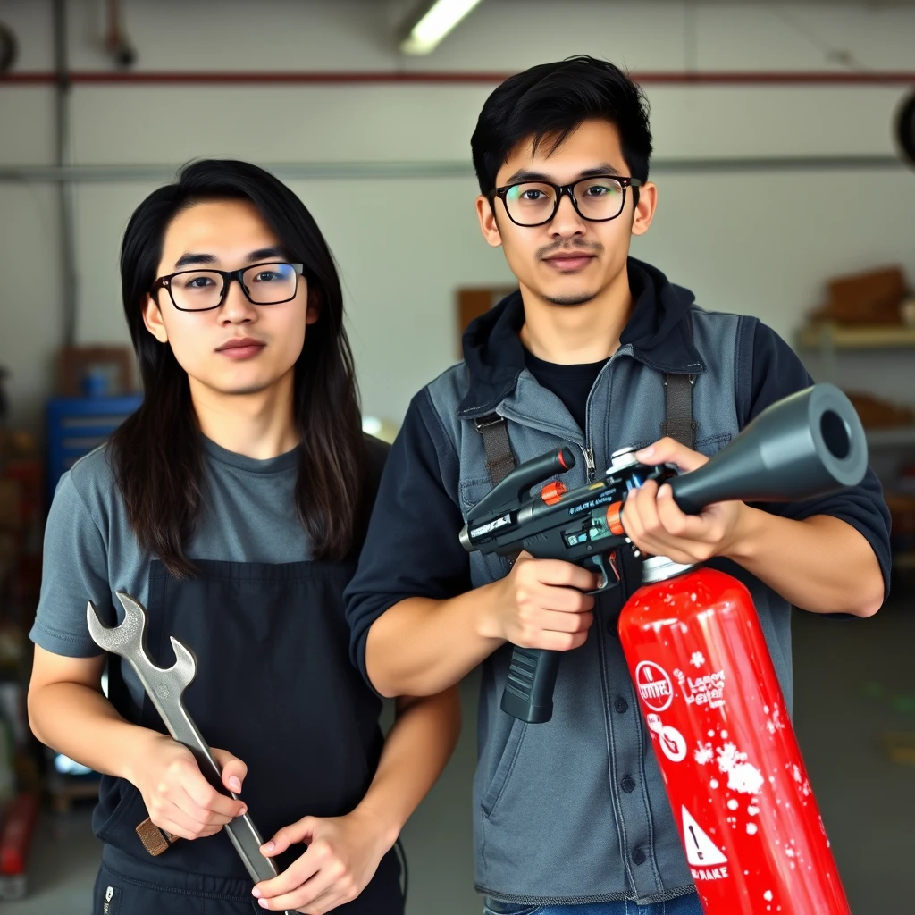 21-year-old white Chinese man wearing square glasses, long black hair, holding a wrench; 21-year-old white Italian man wearing round glasses and short hair holding a very large fire extinguisher flamethrower, garage setting. - Image