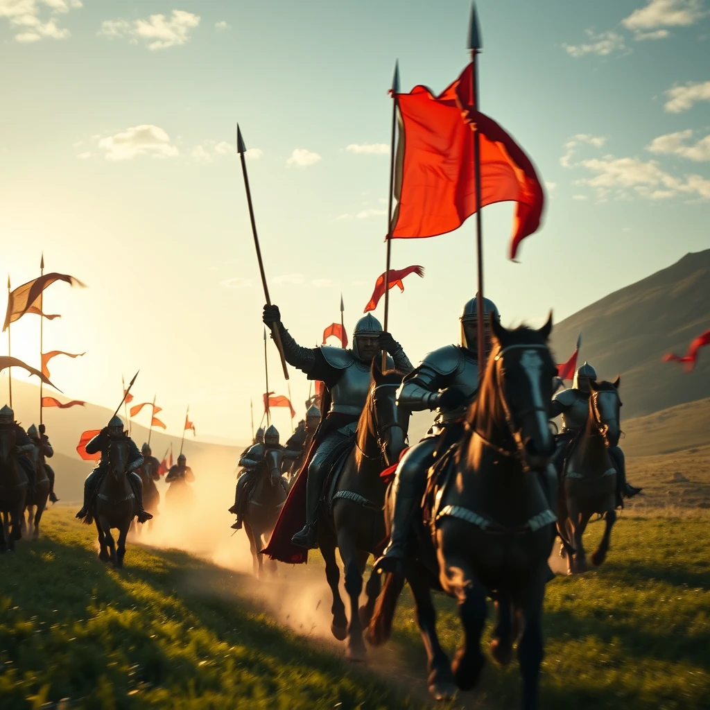 [Medieval knights] charge movie scene cinematic still: [Medieval knights riding down a green lush valley at dawn, cavalry running compact behind their Lord, he's raising the spear and shouting, savage cavalry charge, swords, spears, armor, red flags on spears, red fabric extensions, dark silver armor shining]. [Wide framing, cinemascope]. Group action, Editorial quality, Motion blur, adrenaline-filled action posture, dust flying. Blowing wind, War movie scene, in the style of [James Cameron], UHD, HDRI, 4K.