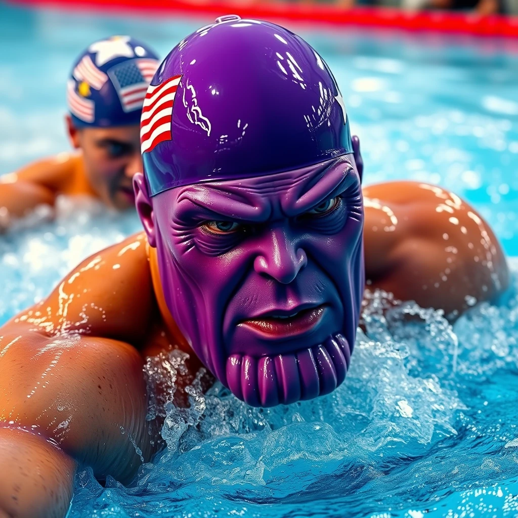 "Only Thanos with a purple head is competing in swimming with others, wearing a swimming cap with the American flag, in a realistic style, swimming motion, panoramic photo." - Image