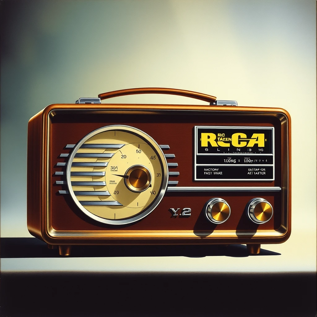 an RCA brand, multi-band radio concept, featuring a backlit tuning dial, as painted by Arthur Sarnoff.