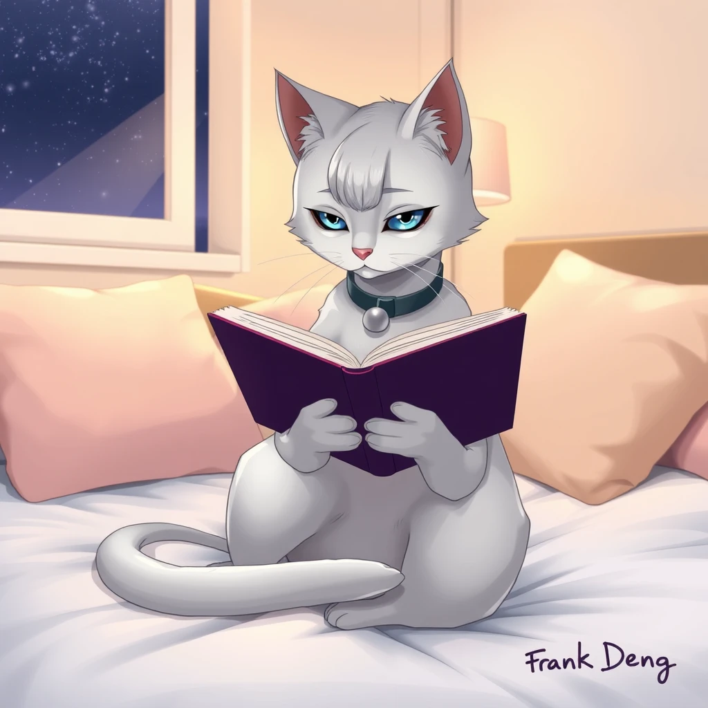 Character: A silver-haired anime cat with a cool and aloof expression, sitting upright on a bed with its legs crossed. The cat is engrossed in reading a book held in its paws. The cat has piercing blue eyes and a sleek, well-maintained coat.  
Clothing: The cat is wearing a simple, dark-colored collar with a small silver bell.  
Setting: The bed is covered with a soft, fluffy white blanket and has several plush pillows in various pastel colors. The background is a minimally decorated bedroom with a window showing a night sky filled with stars.  
Pose and Action: The cat is sitting upright and leaning slightly forward, its head tilted down as it focuses on the book. Its tail is curled neatly around its paws.  
Lighting: Soft, warm lighting emanating from a bedside lamp casts gentle shadows and highlights the silver fur of the cat.  
Art Style: Anime, with clean lines, vibrant colors, and expressive eyes.  
Signature: "Frank Deng" written in a stylized font in the bottom right corner of the image. - Image