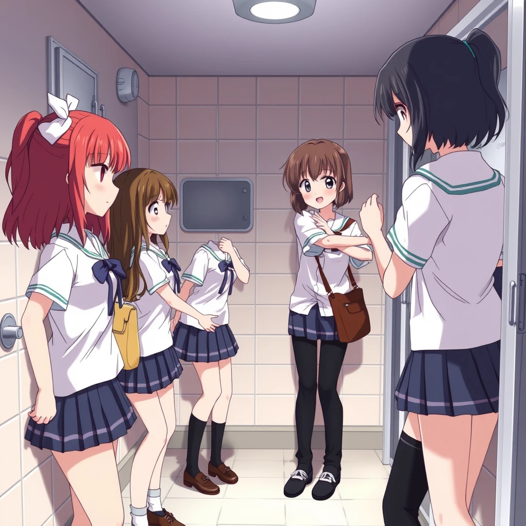 A group of beautiful girls hitting a boy in the girls' bathroom at school. anime. - Image