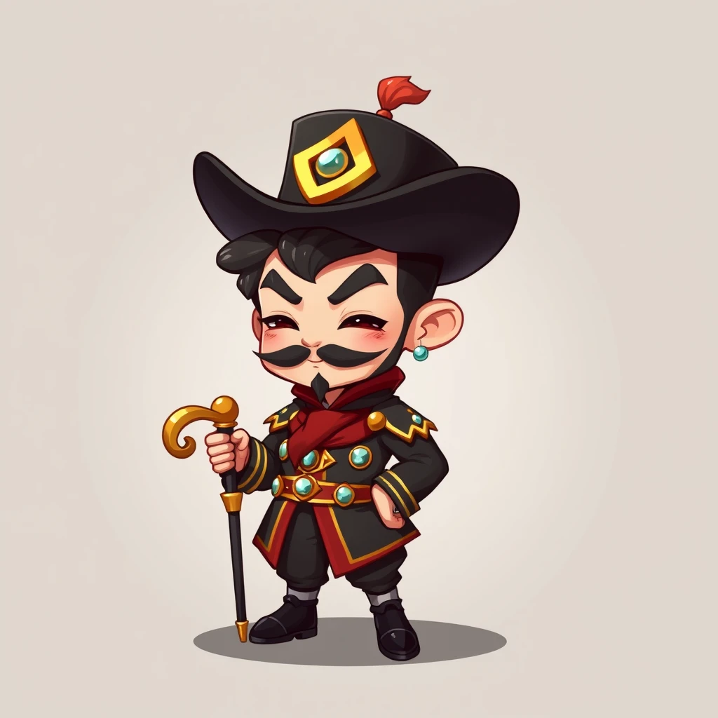 A 2D, chibi-style merchant named Xiao Heizi, wearing a black top hat and holding a cane, looks flashy and jewels, with a sly smile on his face. - Image