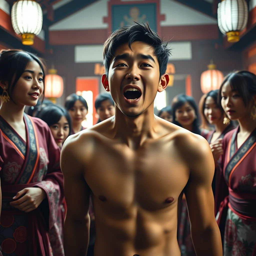 A nude Asian young man in a Japanese shrine, indoors, surprised, screaming, streaming tears, reality, looking at the viewer, many beautiful oirans wearing oiran clothes catch him by surprise. - Image