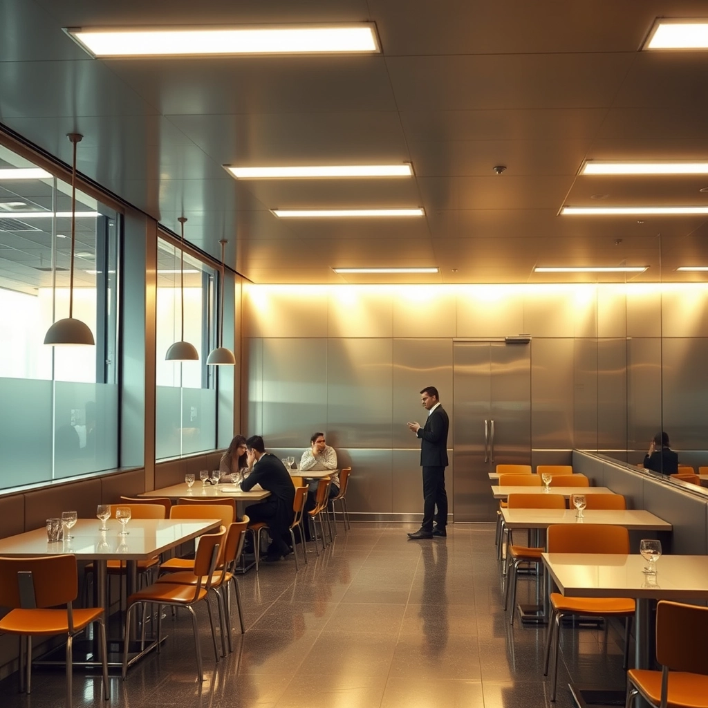 interior, office canteen, modern, aluminium panel, movie scene - Image