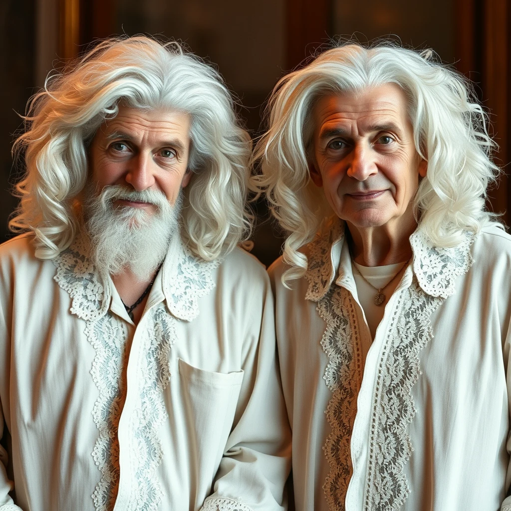 Two older men wearing lace nightgowns and wigs.