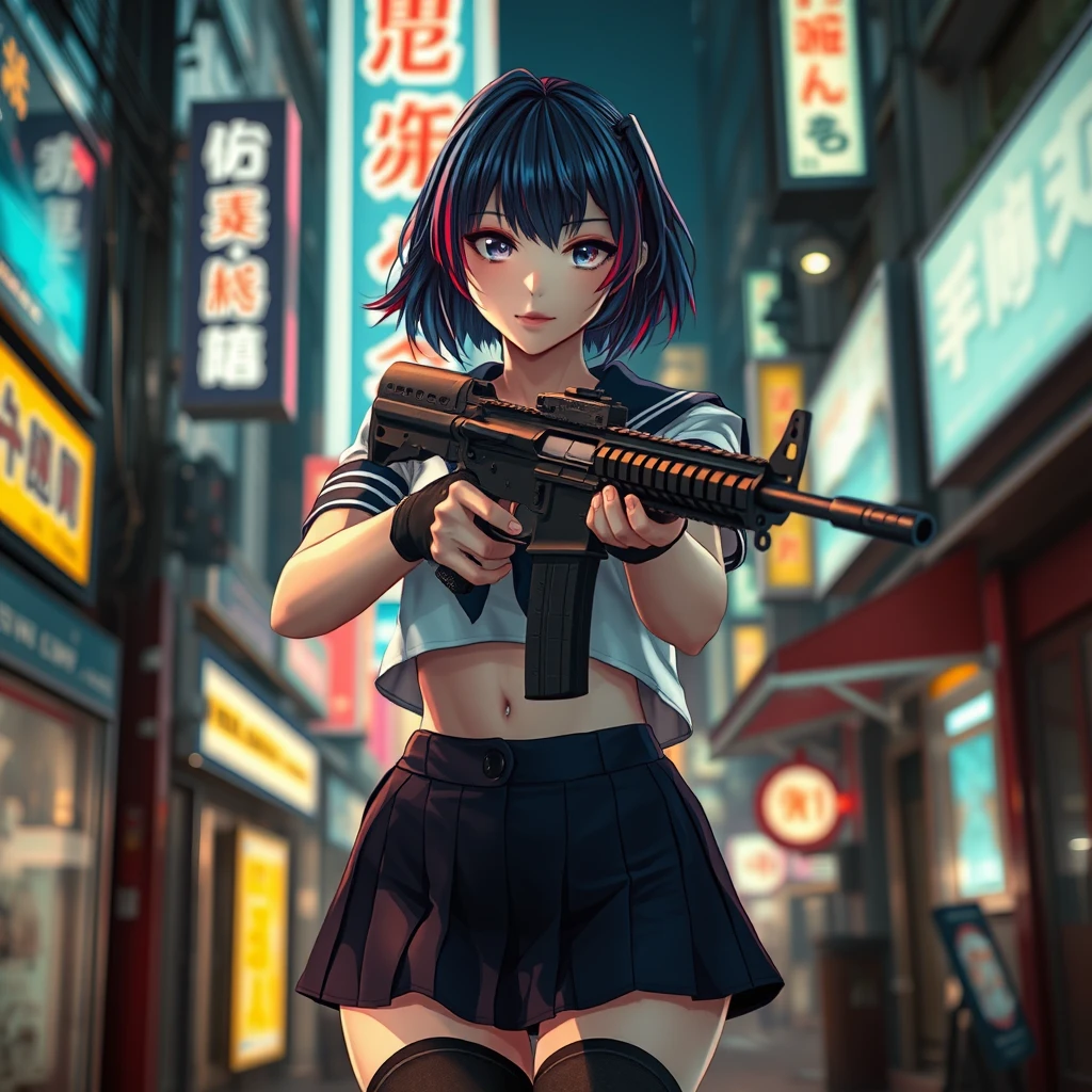 Great lighting, intricate detail, beautiful, stunning Japanese cyberpunk anime woman, 20 years old, two-tone medium length hair, blue with red streaks, bangs, wearing a short sailor blouse cropped above the navel, pierced navel, pleated miniskirt, thigh-high socks, holding an assault rifle with both hands, aiming at the viewer, on a cyberpunk street at night with neon signs and digital advertising screens, high detail, perfect composition, movie scenes, highly detailed. Photorealistic rendering, dramatic lighting, sharp contrast.