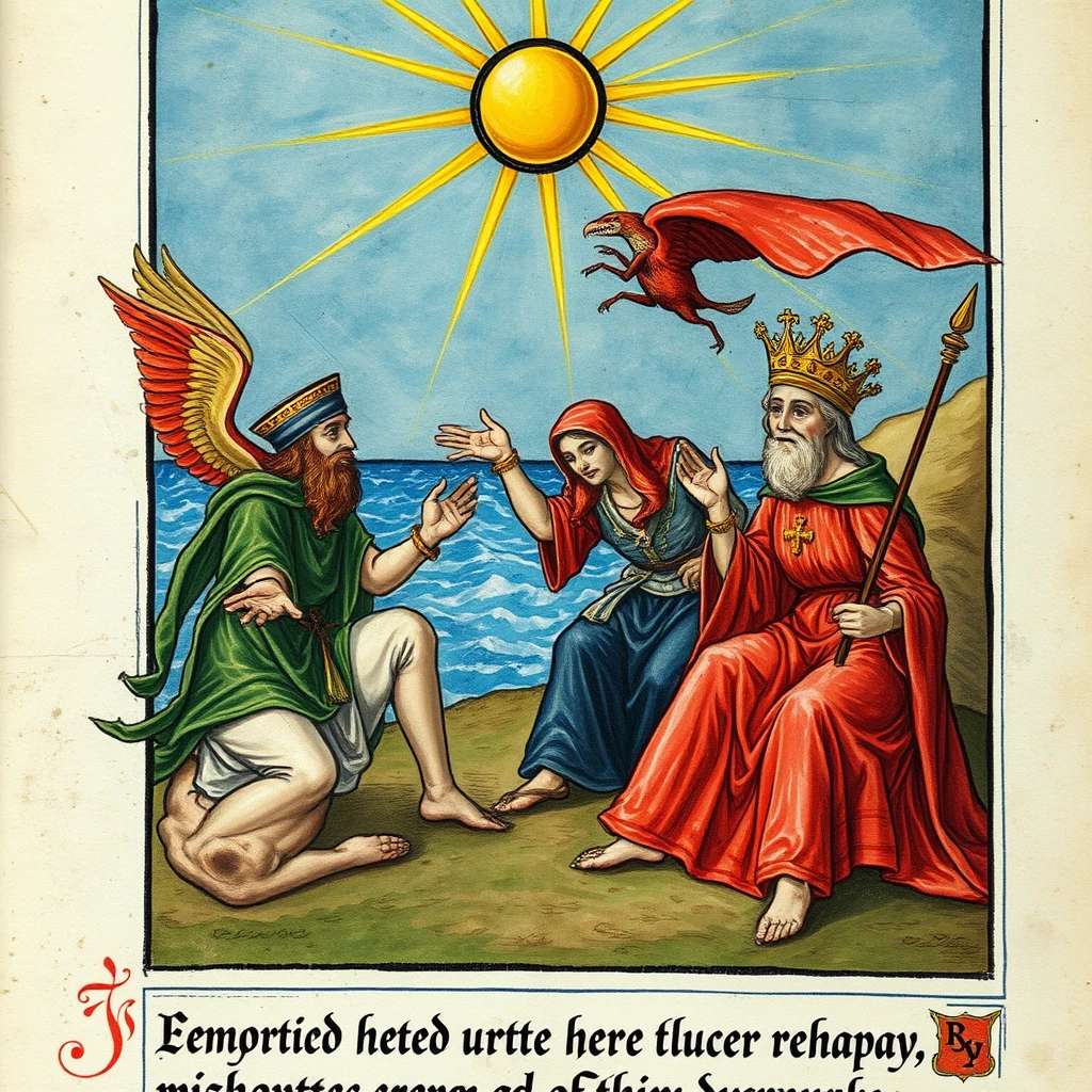 A painting of a scene from a medieval manuscript, having fun in the sun, hi res, gods and men, in the spotlight, zodiac, on the coast, Tudor, empress, comic panel, adventuring, medieval time, sad scene, the non-binary deity of spring, painstaking detail, old manuscript, reassuring.