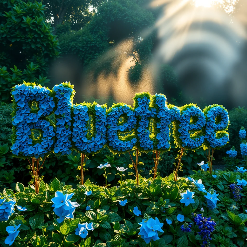 The word "Bluetree" grows as a living topiary in a lush garden. Each letter is meticulously sculpted from blue-flowering plants like hydrangeas and delphiniums. The text, 10 feet tall, stands against a backdrop of verdant foliage. Morning dew glistens on the petals, creating a sparkling effect. A soft mist in the background adds depth, while golden sunlight filters through, highlighting the vibrant blue hues. Captured with a wide-angle lens to showcase the scale and intricacy of the floral typography.