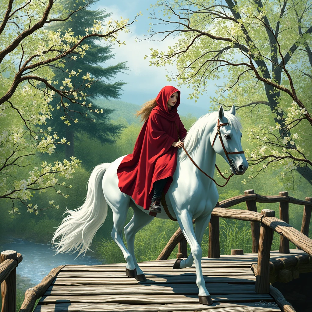 Fantasy heroine with a red cloak without a hood rides on a white horse in spring over a wooden bridge. - Image