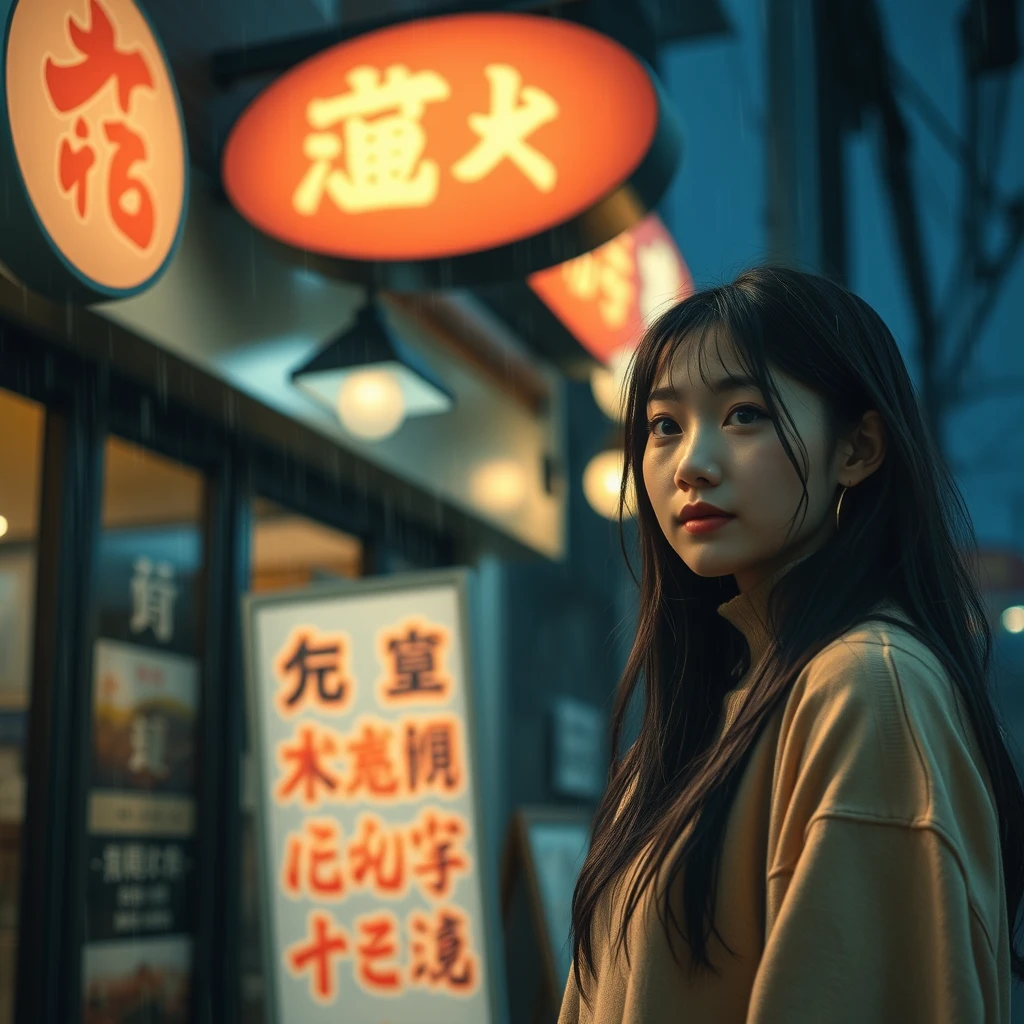 In the evening, a young woman is outside a restaurant; it is raining, and there is a sign outside the restaurant where the words can be seen clearly, featuring Chinese characters or Japanese.