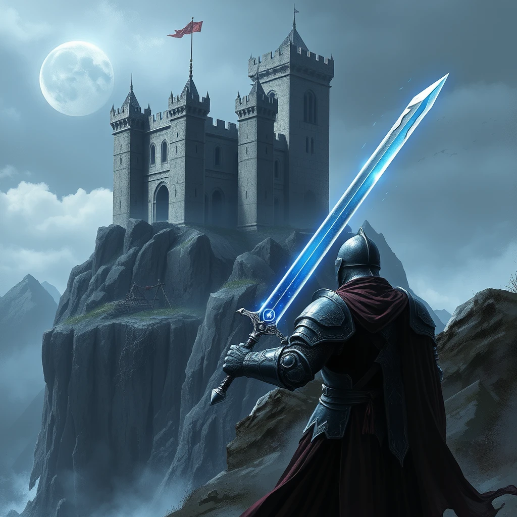 A fierce knight holding a sapphire sword approaches a battered castle on a cliff in dark fantasy style. - Image