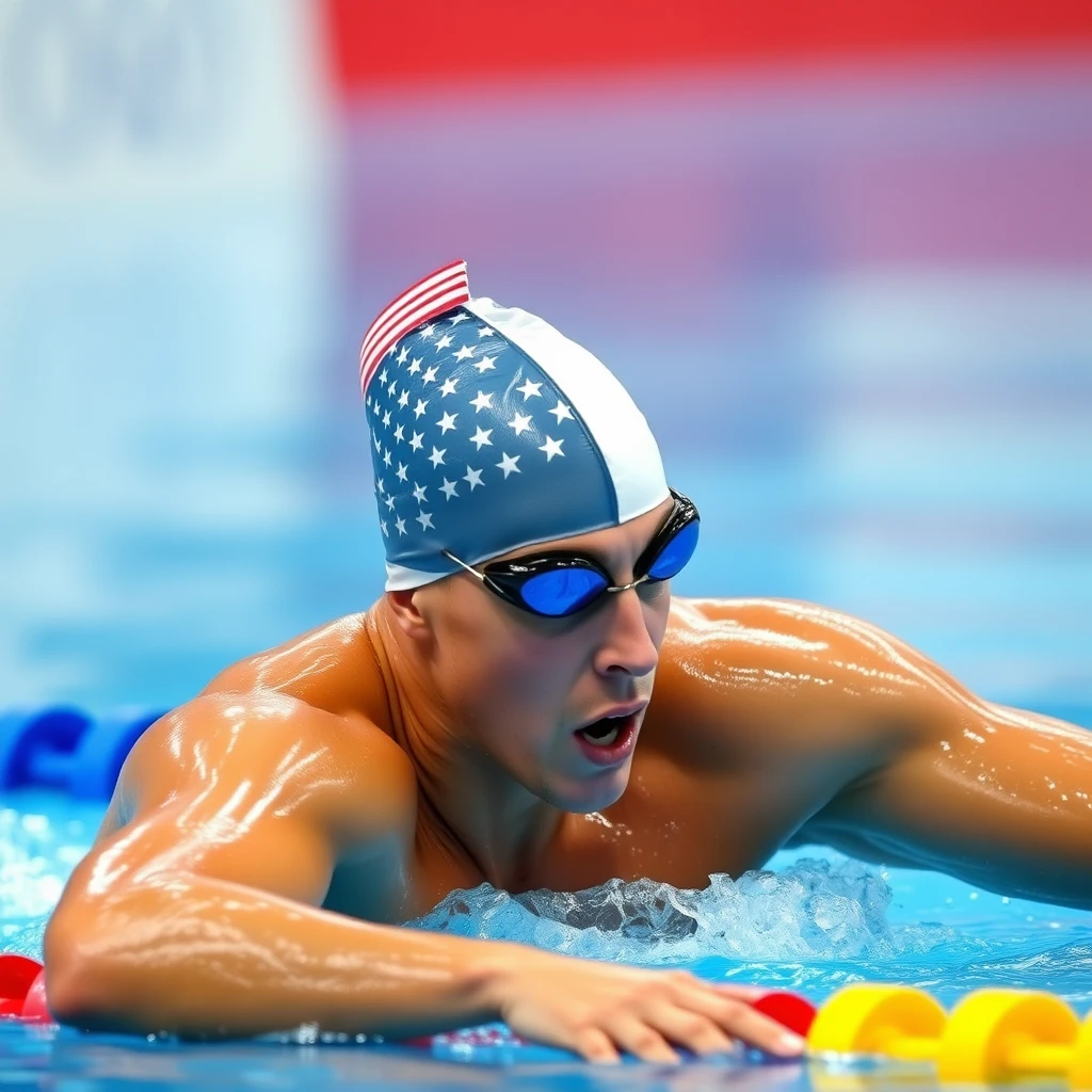 "Thanos participates in the Olympic swimming competition, wearing a swimming cap with the American flag."