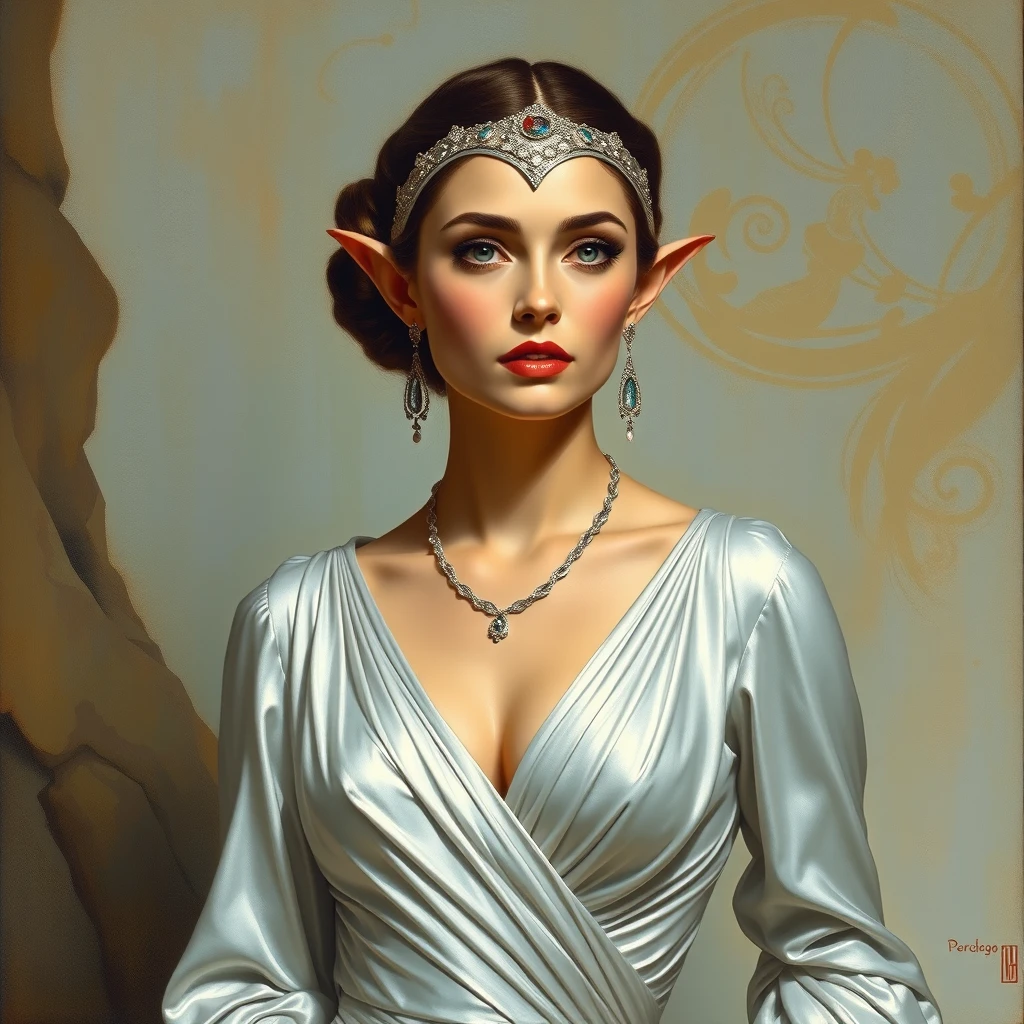 Stylish magnificent elf princess Audrey Hepburn wearing silver dress art by Boris Vallejo art by William-Adolphe Bouguereau. - Image