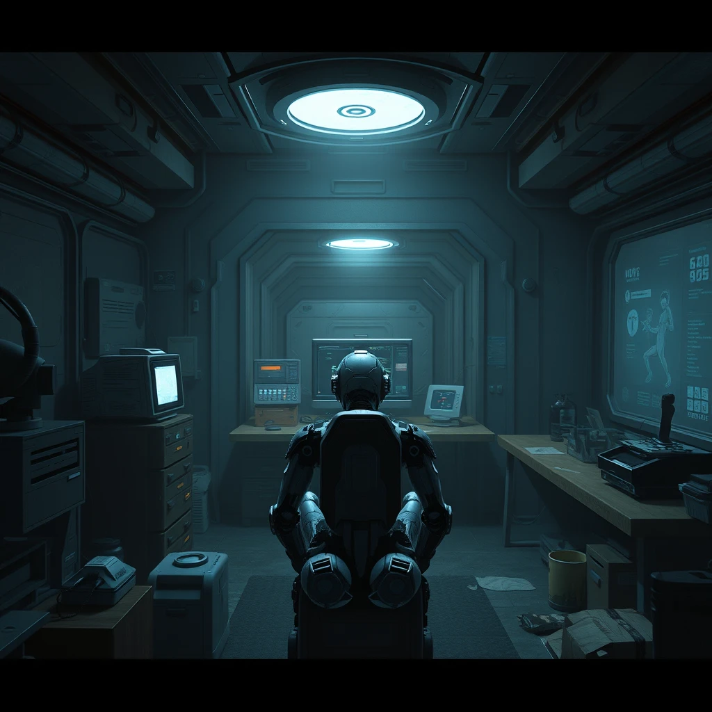 vista, see the whole room, Futuristic sci-fi, a robot facing a computer, dim room, weak light source, cluttered objects, 16:9, Concept Design, Game Design, Artstation.