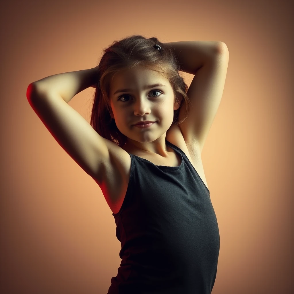 A young girl with bare arms, confidently raising one arm to reveal her armpit, stands against a soft, pastel-colored background, illuminated by gentle, warm lighting, evoking a serene and intimate atmosphere.