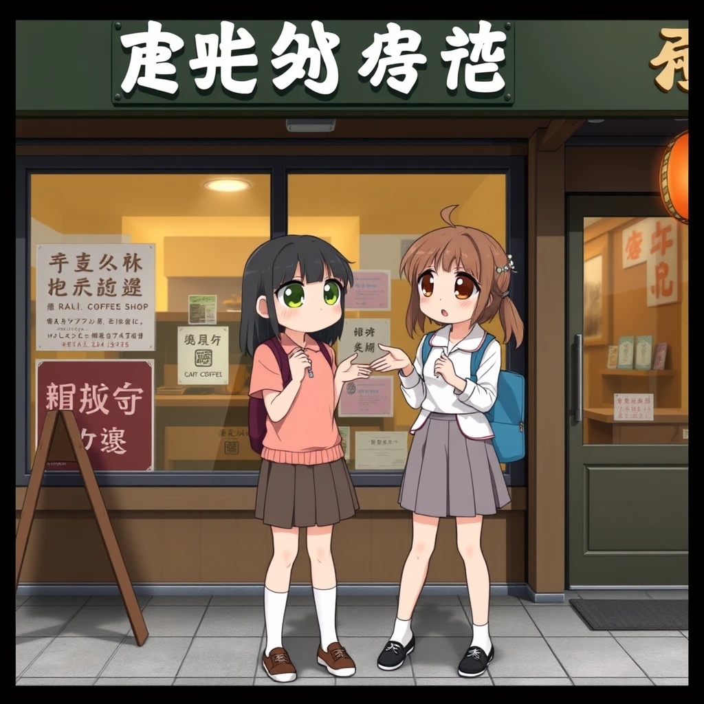 Two big-eyed female students are arguing outside a real coffee shop. They are wearing skirts, and you can see their socks. There is a sign outside the restaurant, and the characters on the sign can be clearly seen, including Chinese characters.