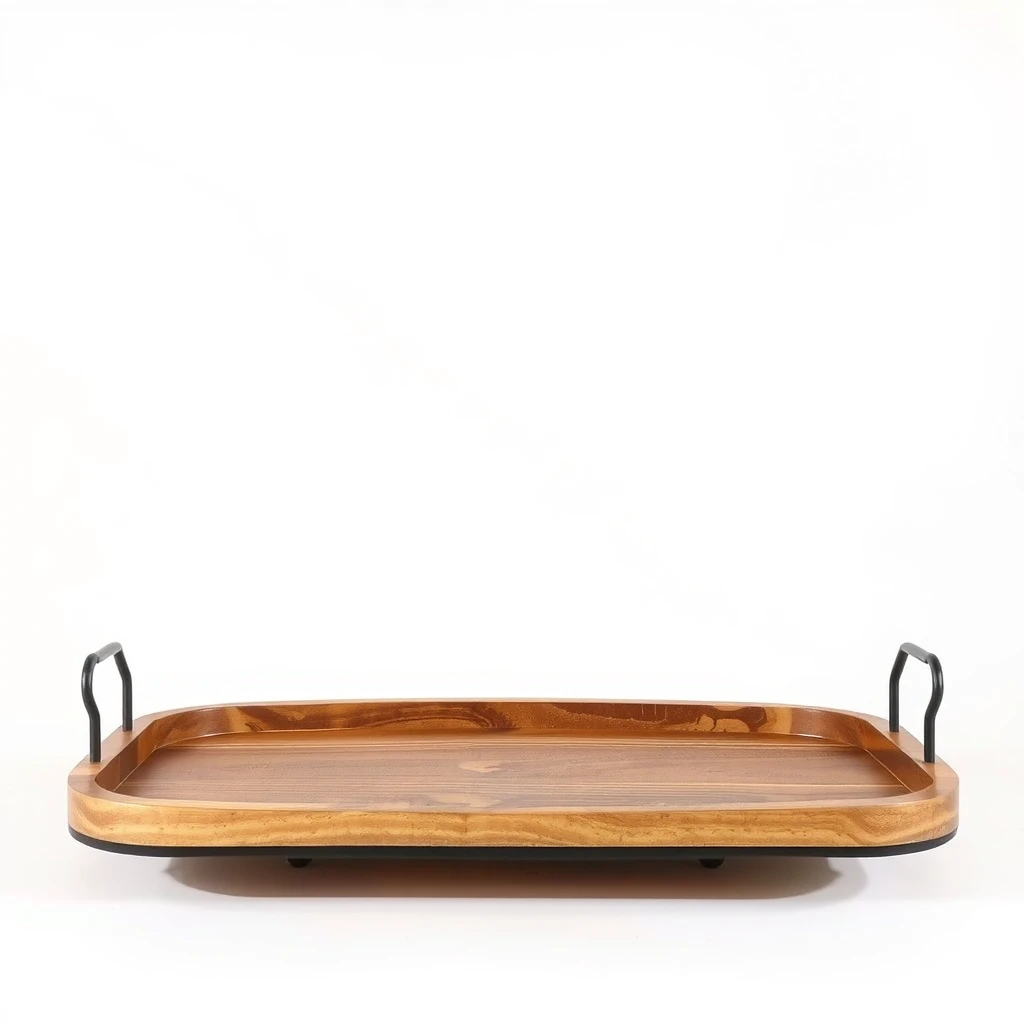 A tray with a simple structure, ingeniously combined with iron and wood materials, presenting charming colors of log color and champagne gold, placed in front of a white background --ar 16:9. - Image