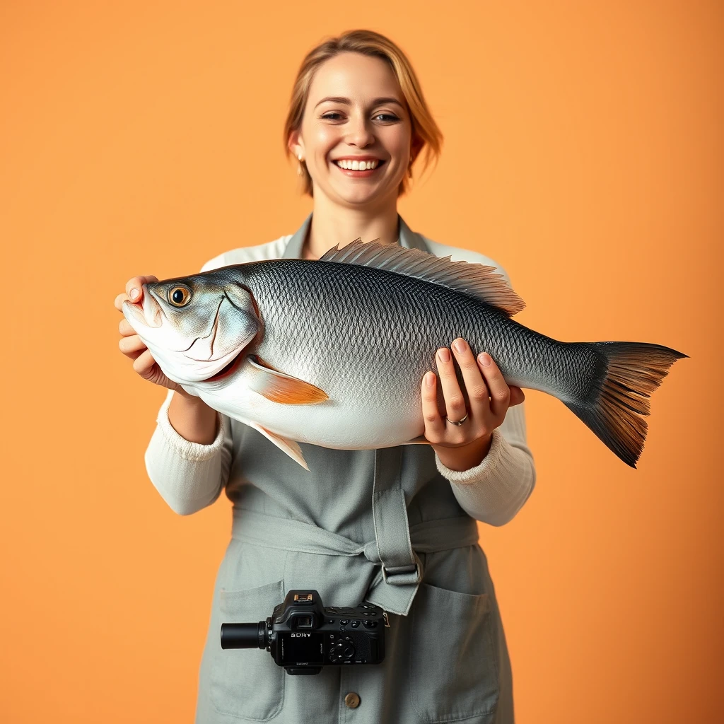 A beautiful contented woman holds a huge fish in her hands in a beautiful clean apron on a simple light orange background, filmed on a Sony camera. - Image