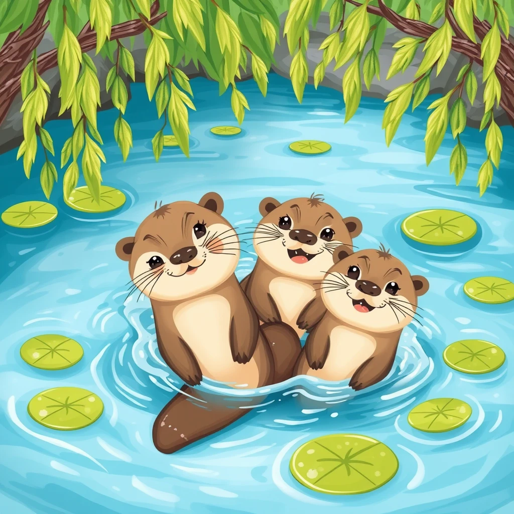 A joyful family of otters playing together in a sparkling blue river, surrounded by willow trees and lilypads, their eyes bright with curiosity, styled in cheerful children's illustration art.