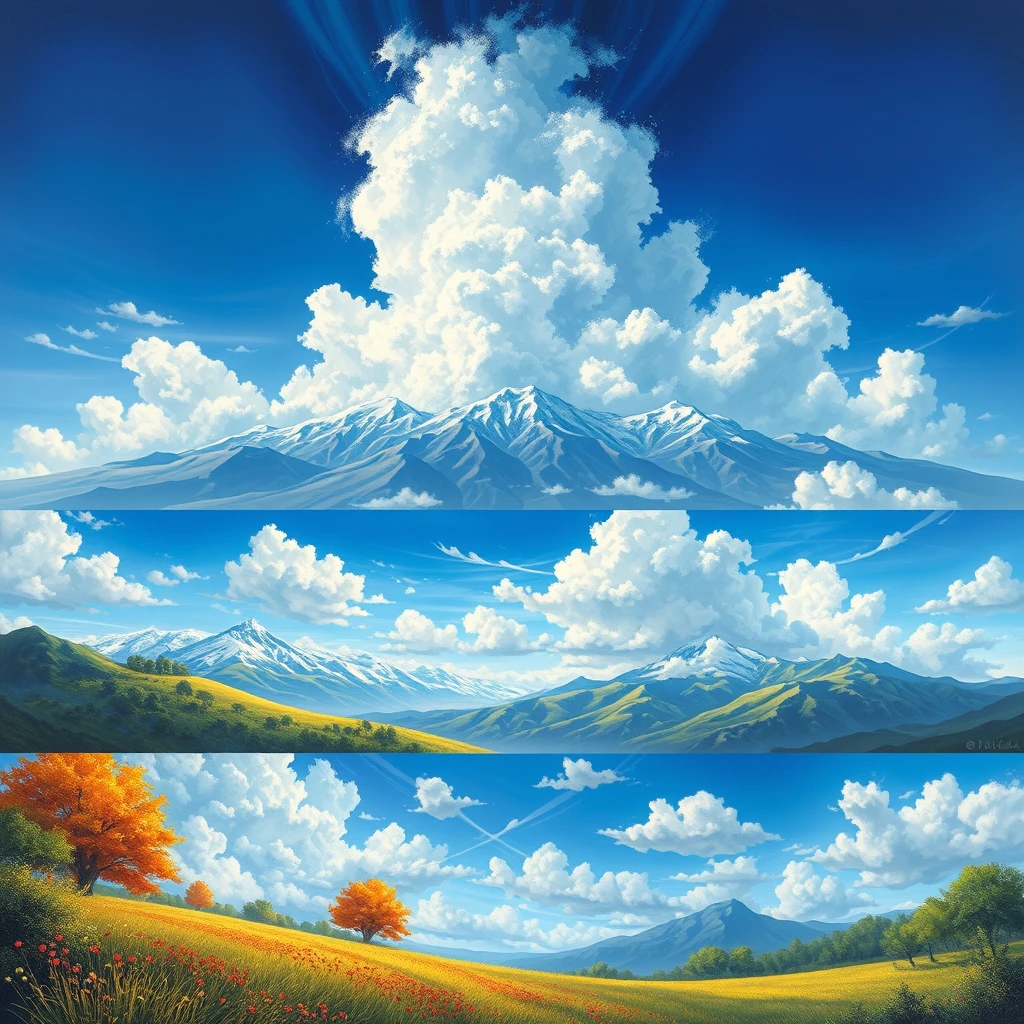 A [landscape] painting depicting the four seasons in a multi-layered size style, with a realistic color scheme and detailed nature depiction. The sky is impressive and the piece is designed to be viewed on multiple screens. Four colors are used to represent the four seasons, with a nature core - Image